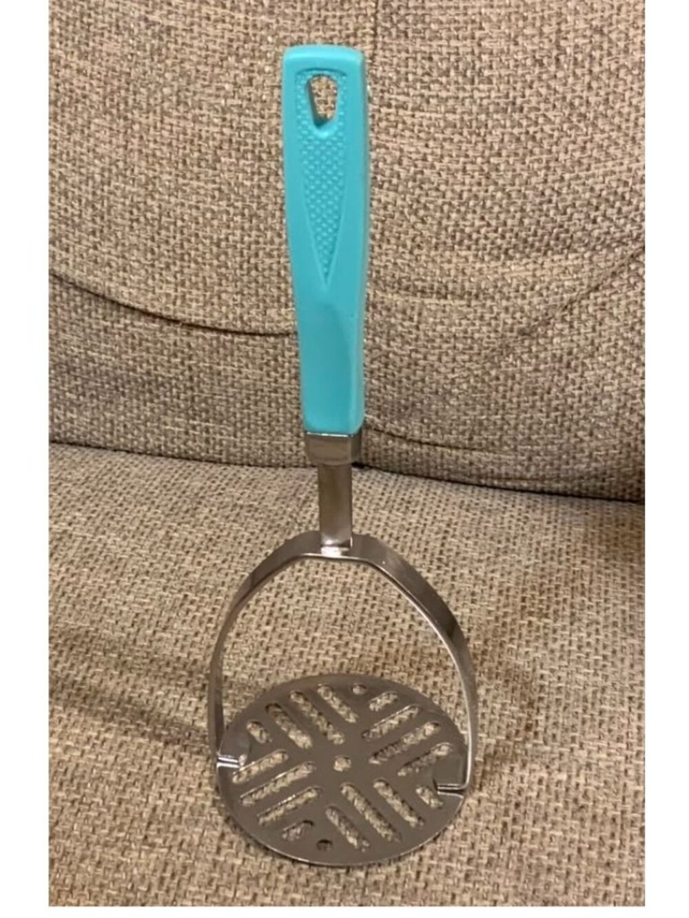 Vintage Ecko Stainless Steel Potato Masher Light Blue Turquoise Handle USA Retro